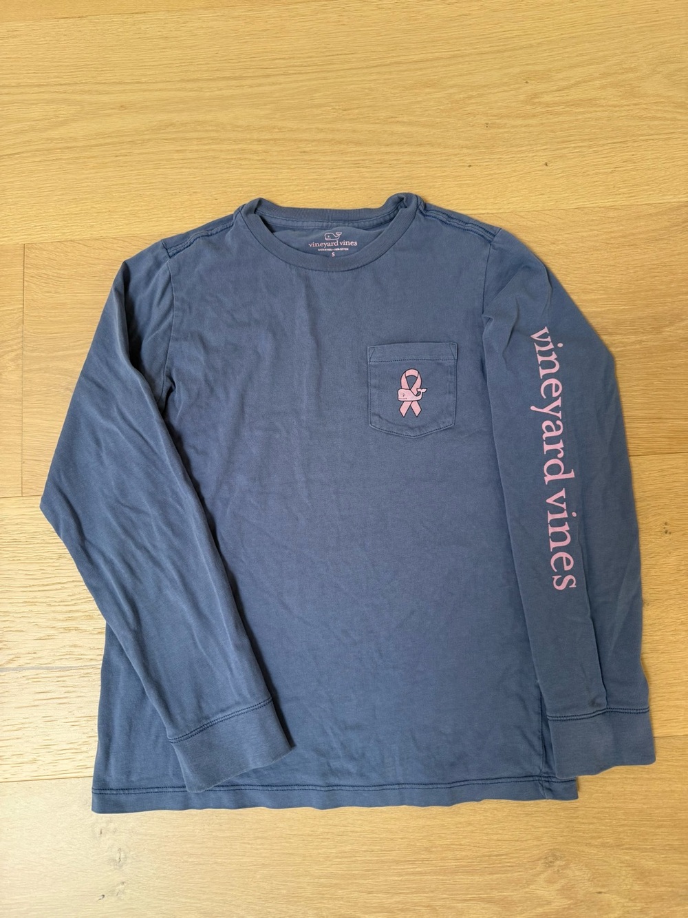 Vineyard Vines Navy Long-Sleeve Pocket Tee with Pink Logo